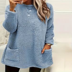 플러스 사이즈 여성 양털 운동복 솔리드 라운드 넥 부드러운 따뜻한 스웨터 캐주얼 겨울 긴 소매 풀오버