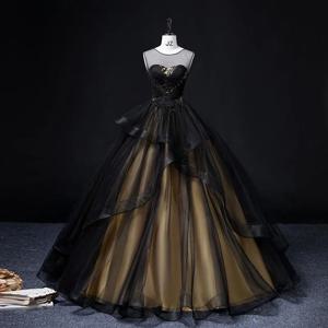 새로운 여성 여름 레트로 블랙 자수 연회 이브닝 드레스 패션 무대 공연 보컬 아트 시험 큰 펜던트 퍼프 스커트