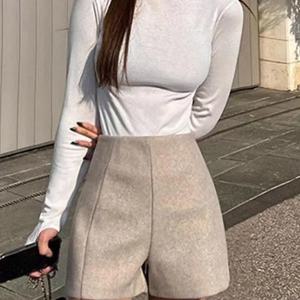 회색 모직 짧은 바지 여성 겨울 슬림핏 하이 웨이스트 한국 스타일 부츠컷 바지 3/4 길이 바지