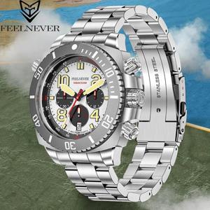 FeelNever 패션 신사 316L 스테인레스 밴드 쿼츠 남자 시계 캐주얼 스포츠 캘린더 500M 방수 빛나는 시계 남성용