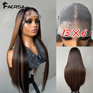 HD 레이스 프론트 가발, 블렌드 헤어 13X6 레이스 가발, 프리 플러킹된 글루리스 합성 내열 롱 스트레이트 블랙 & 블론드 가발