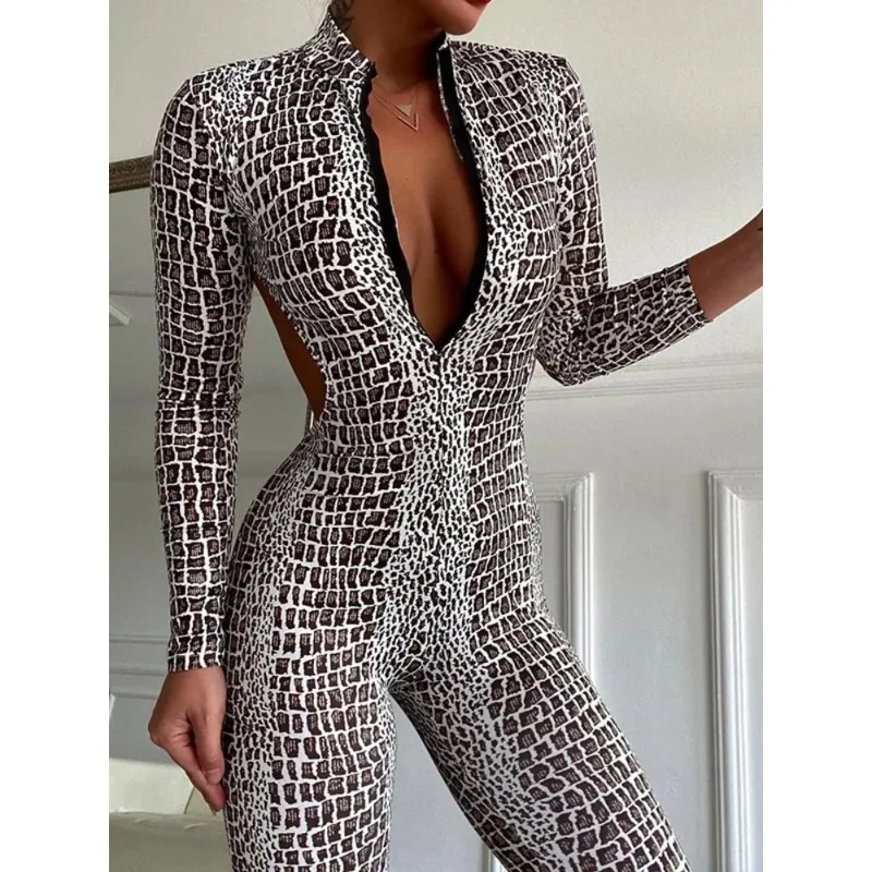 Krisnanas 여성용 점프 슈트 섹시한 실버 뱀 가죽 프린트 랩 스타킹 백리스 긴 소매 바디 슈트 스포츠웨어 체육관 의류 98657