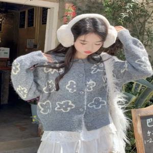 루즈 니트 가디건 라운드 넥 꽃 자수 레이지 스타일 스웨터 아우터웨어 여성 패션 가을 신상품