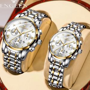 BINBOND 2개 세트 커플 시계 패션 캐주얼 남녀 쿼츠 시계 연인 방수 스테인리스 스틸 시계 발렌타인 선물