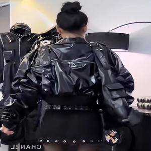 트렌디 스파이시 걸 배트윙 슬리브 컬러 블록 PU 가죽 재킷 여성용 봄 가을 신상 지퍼 루즈핏 숏 길이