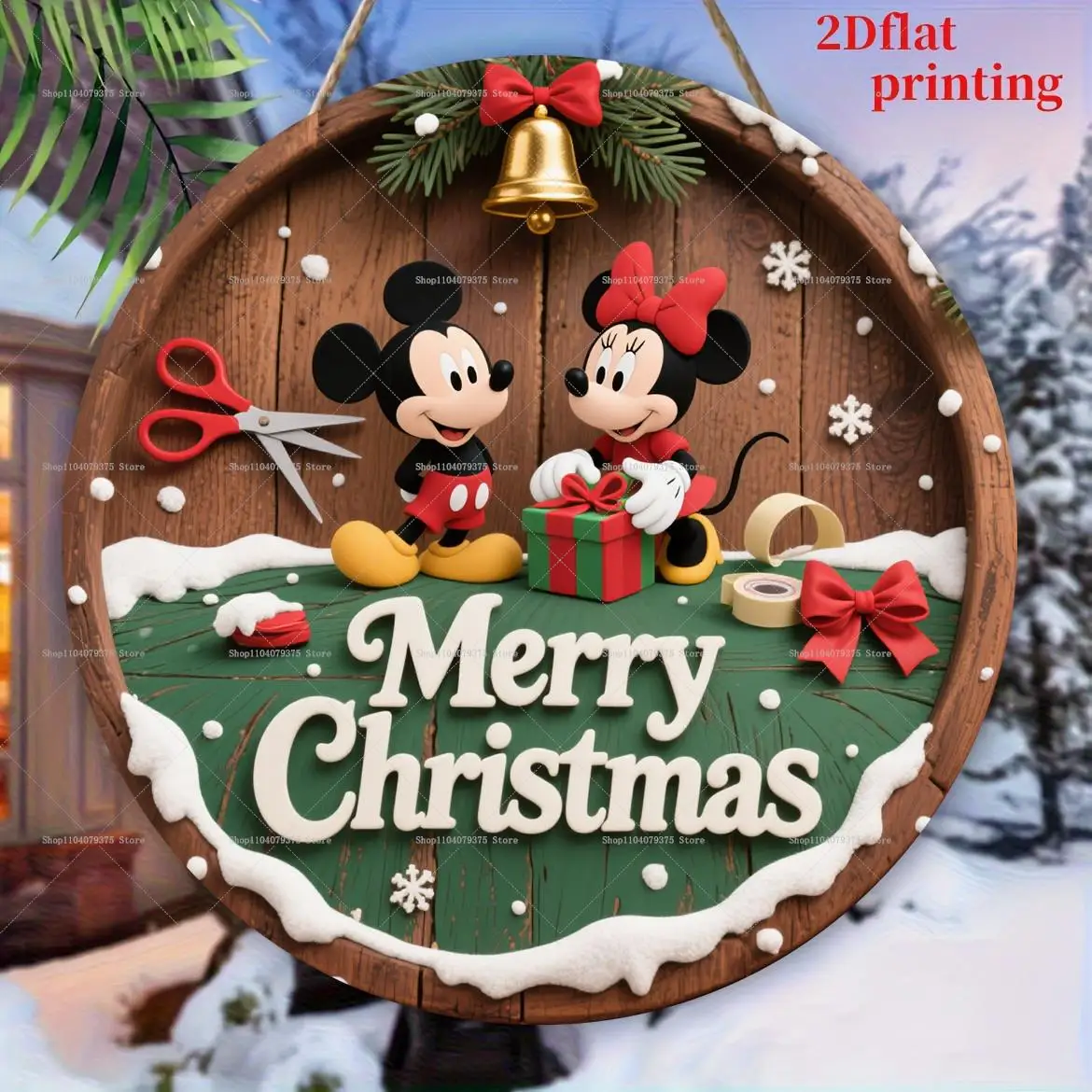 메리 크리스마스 디즈니 미키 미니 사인 맞춤형 라운드 나무 교수형 플라크 정문 벽 휴일 모임 장식