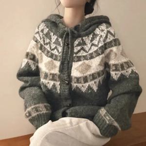 여성용 루즈 니트 롱 후드 스웨터 코트 가을 겨울 빈티지 아우터웨어 오픈 가디건 캐주얼 스타일 버튼 디테일