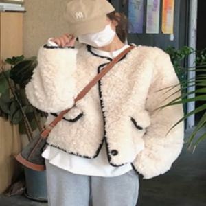 여성용 루즈핏 플리스 안감 코튼 재킷 라운드 넥 컬러 블록 트림 양털 조끼 한국 스타일 가을 겨울 코트