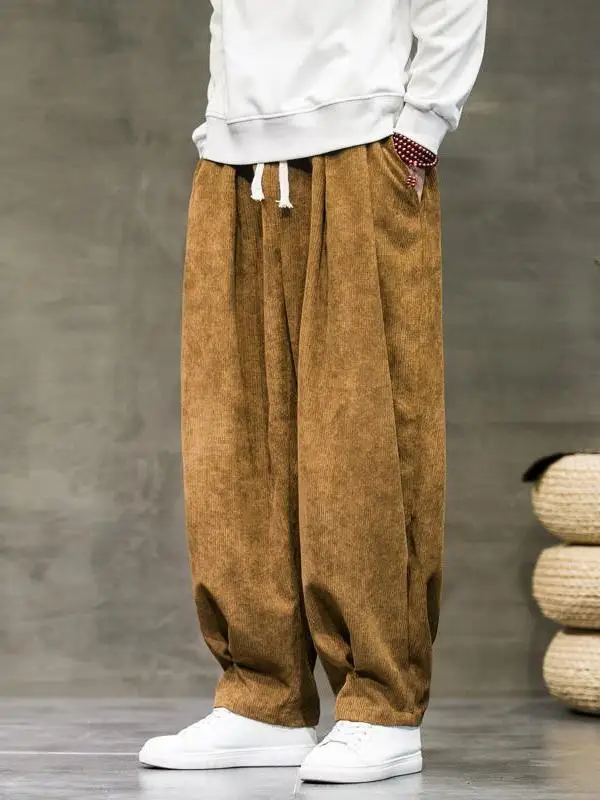 두꺼운 코듀로이 남성 겨울 바지 플리스 안감 루즈 캐주얼 와이드 레그 랜턴 팬츠 빈티지 스타일 젊음과 활력 스타일