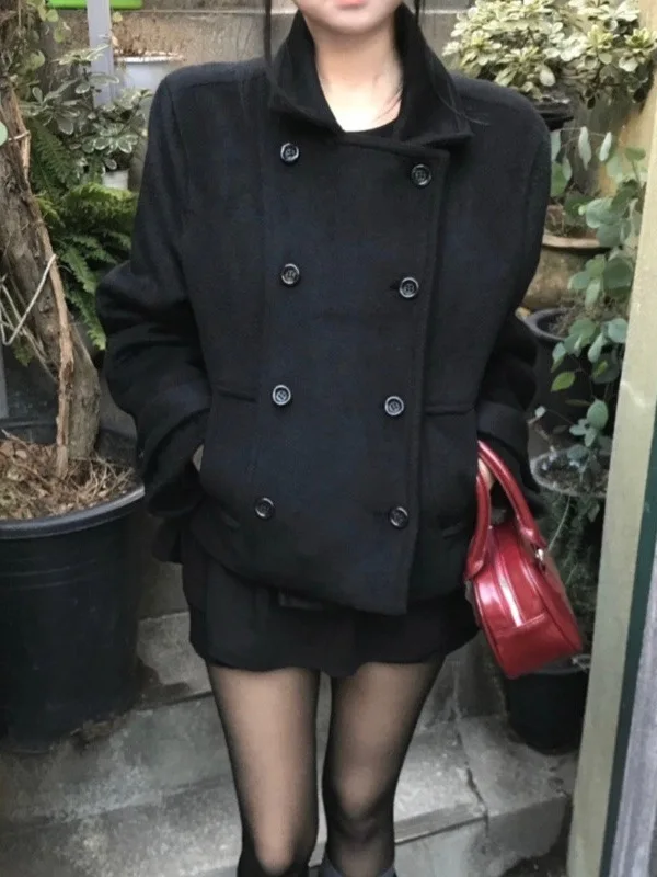 레트로 한국 스타일 더블 브레스티드 울 코트 여성용 달콤하고 영원한 우아함 다용도 가을 겨울 신상 코트