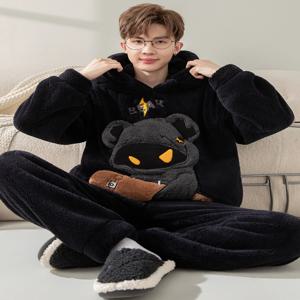 두꺼운 플리스 코랄 벨벳 겨울 남성용 후드 파자마 홈웨어 세트 대형 사이즈 만화 프린트 잠옷 세트