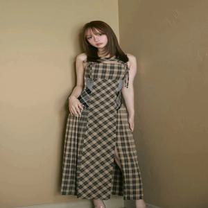 가을 겨울 체크 니트 나비 매듭 투피스 세트 롱 드레스 커버업 하이웨이스트 민소매 출퇴근 스타일 한복 드레스