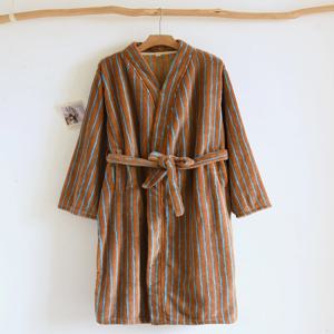 두꺼운 코랄 플리스 기모노 스타일 목욕 가운 긴 줄무늬 패턴 대형 사이즈 여성용 가을 겨울 홈웨어 폴리에스터 섬유