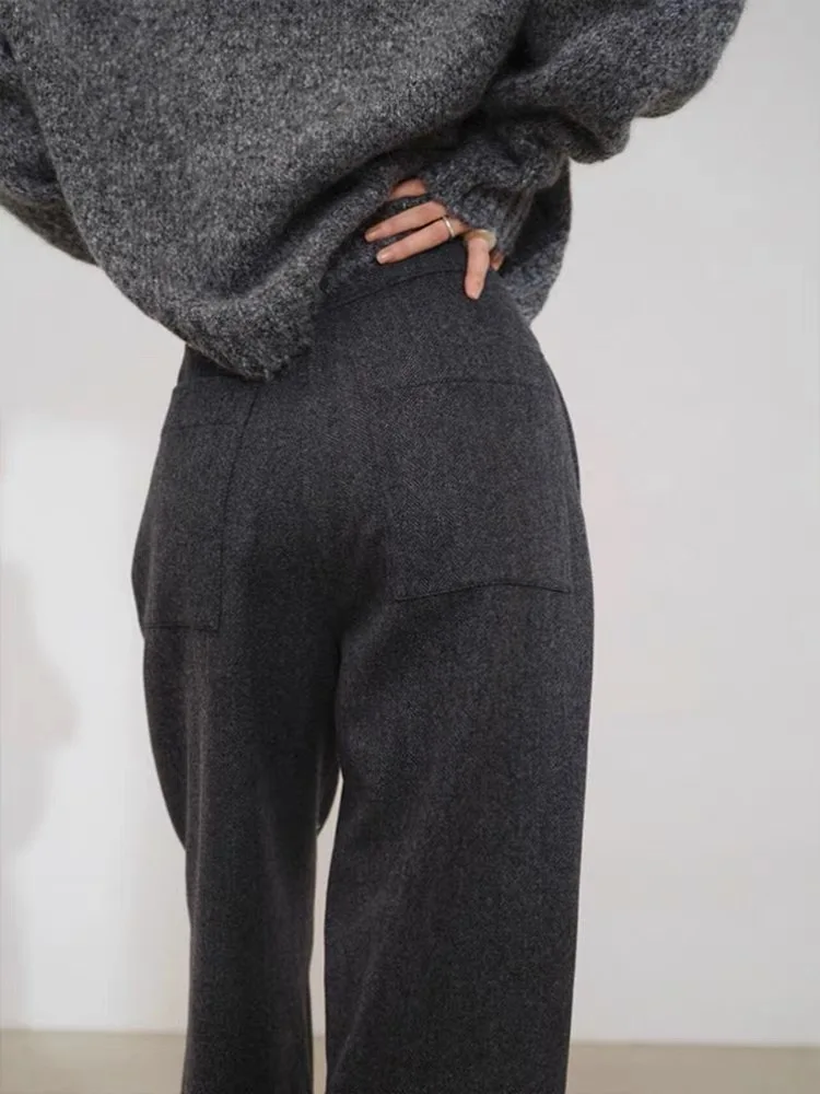 하이웨이스트 드레이핑 슬리밍 스트레이트 레그 트라우저 딥 그레이 울 수트 와이드 레그 팬츠 여성 패션 가을 겨울 바지