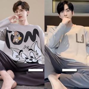 남성용 순면 잠옷 긴팔 홈웨어 야외 착용 가능 봄 가을 시즌 편안한 레저복