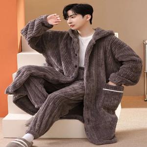 남성용 플러스 사이즈 산호 양털 가운 두꺼운 따뜻한 겨울 잠옷 긴 후드가 달린 파자마 편안한 부드러운 폴리에스터 섬유 의상