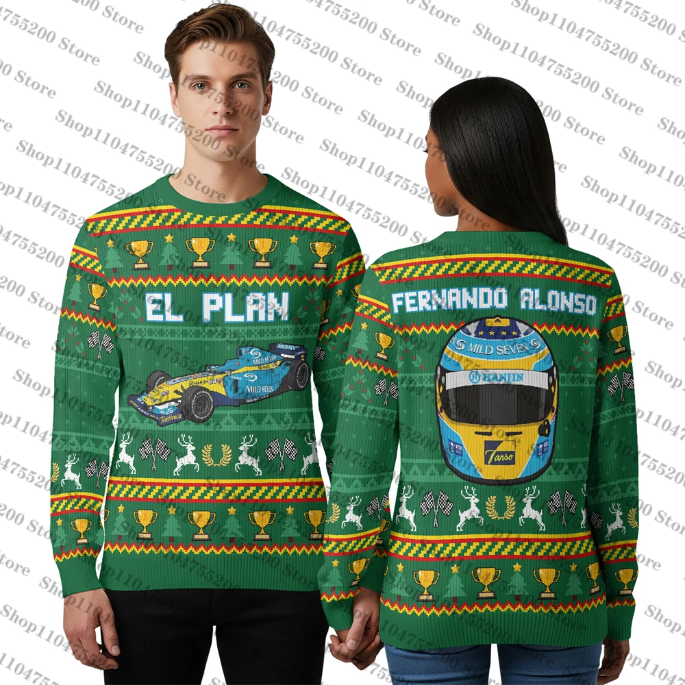 그린 페르난도 알론소 공식 어글리 크리스마스 스웨터 레이싱 홀리데이 스웨터 스포츠 그래픽 스웨트셔츠 프린트 풀오버 2026 점퍼