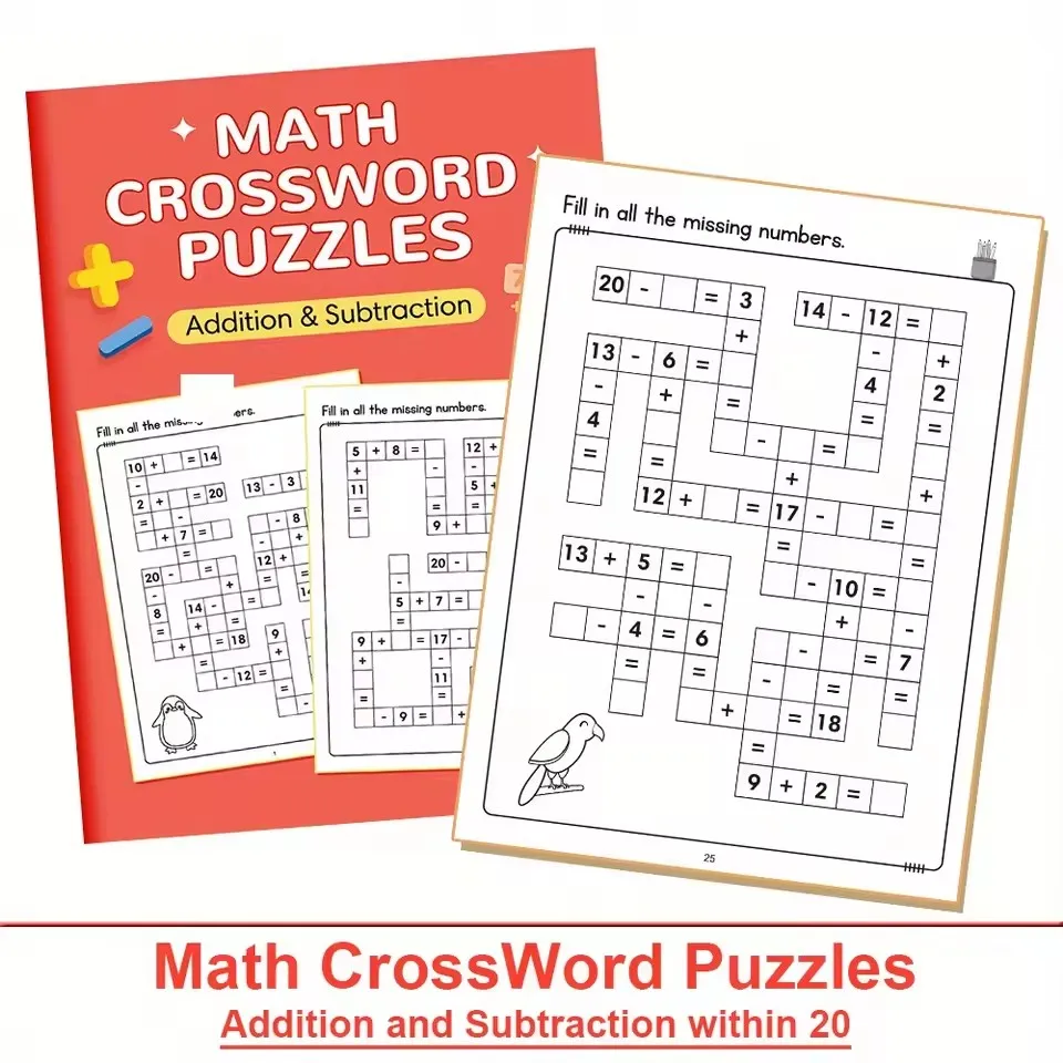 수학 크로스워드 퍼즐: 20 이내의 덧셈과 뺄셈, 크리스 크로스 챌린지 게임, 5~8세 어린이를 위한 수학 학습서