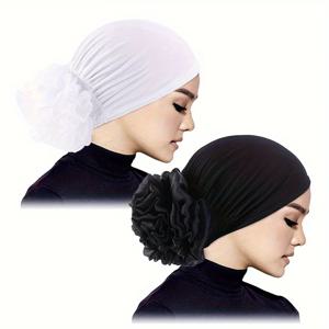 2/Pcs 여성 Hijabs Turban 큰 꽃 탄성 천 헤어 밴드 모자 비니 이슬람 솔리드 탈모 스카프 모자 헤어 액세서리