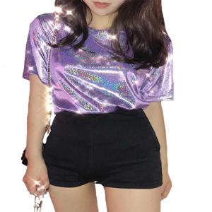여름 여성 탑 반짝 이는 느슨한 반팔 티셔츠 섹시한 클럽 미적 하라주쿠 여성 세련된 밝은 실크 티셔츠