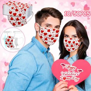 10/50개 성인 일회용 발렌타인 데이 하트 3겹 보호 안면 마스크