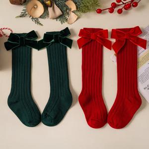 어린이 크리스마스 소녀 양말 가을 겨울 유아 빨간 Bowknot 아기 무릎 높은 긴 양말 부드러운 면화 어린이 Socken 0-5 년