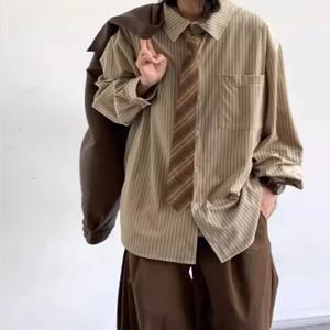 루즈 캐주얼 긴팔 코듀로이 셔츠 봄 가을 일본 스타일 세트 빈티지 홍콩 스트라이프 남성 대학 스타일 셔츠