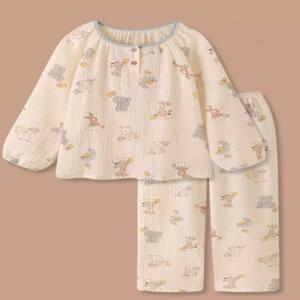 더블 플러피 순면 무슬린 잠옷 긴 소매 루즈 홈웨어 여성용 봄 가을 신상 작은 동물 패턴