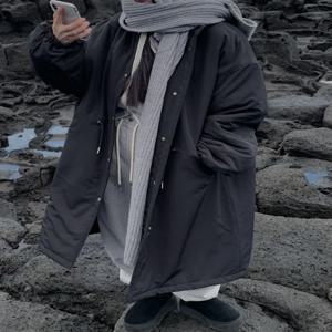 세련된 겨울 여성용 롱 코튼 재킷 코트 드로스트링 따뜻한 아우터 루즈핏 파카 한국 스타일 출퇴근 패션