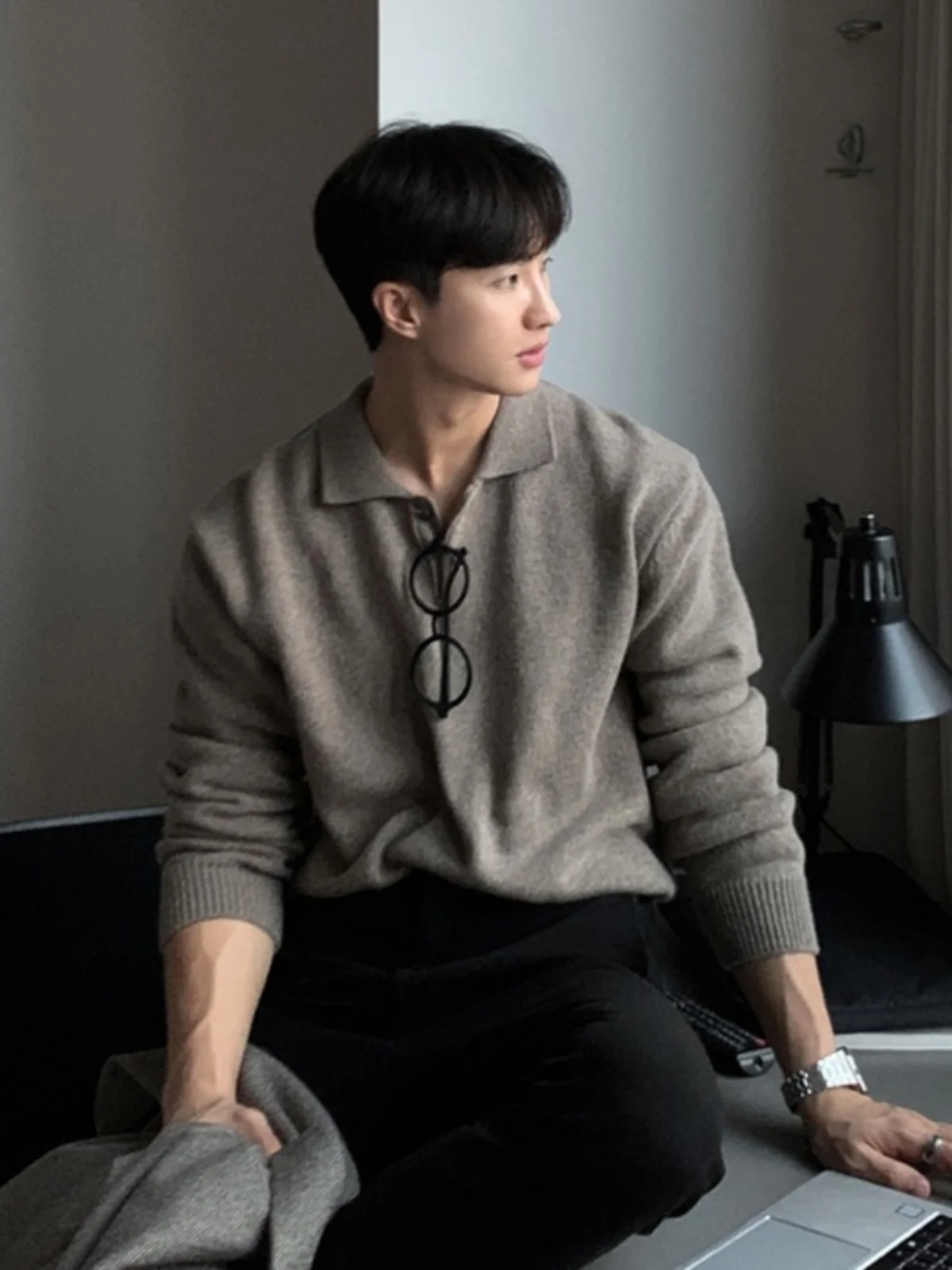 한국 스타일 니트 폴로 셔츠 남성용 고급 슬림핏 긴팔 스웨트셔츠 미국 스타일 베이스 레이어 울 폴 셔츠