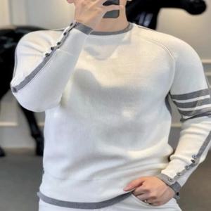 남성용 니트 라운드넥 스웨터 패셔너블한 심플 디자인 겨울 베이스 레이어 셔츠 플리스 안감 캐주얼 스트라이프 니트웨어