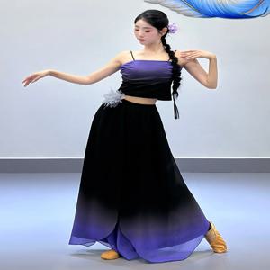 우아한 긴 고대 중국 스타일 댄스 의상 보라색 검은색 실크 셔츠 민족 패션 재즈 다크 시리즈 엘프 댄스웨어