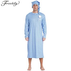 남자의 부드러운 느슨한 수면 가운 패션 Homewear 줄무늬 긴 소매 버튼 다운 Nightshirt 잠자는 모자 파자마 세트 잠옷