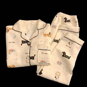 귀여운 에어 코튼 긴팔 잠옷 여성용 두꺼운 순면 가을 겨울 홈웨어 강아지 놀이터 달콤한 스타일