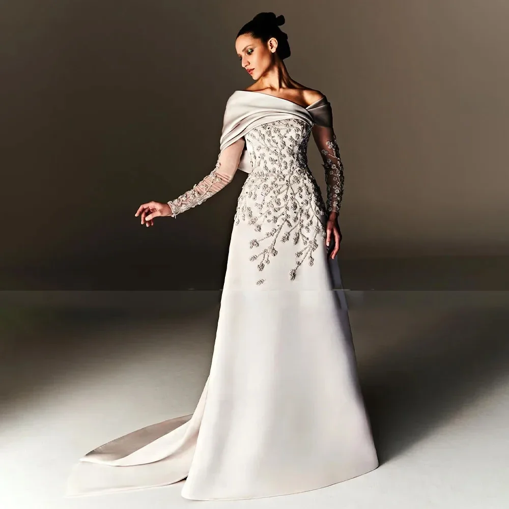 맞춤형 이브닝 드레스 비즈 아플리케 오프 숄더 라이트 샴페인 이브닝 가운, 긴팔 A 라인 여성용 포멀