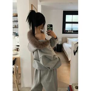 따뜻한 플리스 후드 재킷, 큰 퍼 칼라와 영어 문자 지퍼, 캐주얼 루즈핏 트렌디 스웨트셔츠 아우터웨어