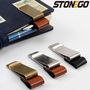 STONEGO 수제 가죽 황동 스테인레스 스틸 펜 홀더 클립 저널 노트북 종이 폴더 쓰기 사무용품