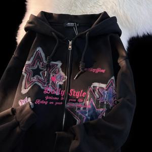 남녀공용 스타 프린트 가디건 집업 맨투맨, 가을 겨울 루즈 타이드 브랜드 커플 후드 지퍼 재킷, 하라주쿠 Y2k