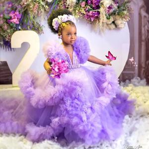 맞춤형 보라색 꽃 소녀 드레스, 미인 대회 가운, 웨딩 프릴, 레이스 바닥 길이, 생일 파티, 첫 성찬식 가운