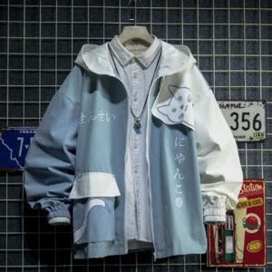 2025 일본식 봄 가을 남성 까마귀 귀여운 고양이 프린트 패치 워크 후드 패션 애니메이션 하라주쿠 남성 운동복