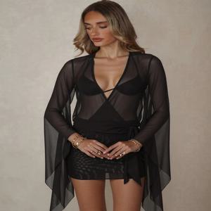 이상한 Puss 메쉬 섹시한 여름 드레스 여성 크로스 붕대 로우 넥 백리스 플레어 슬리브 Midnight Coquette Midnight Party Bodycon