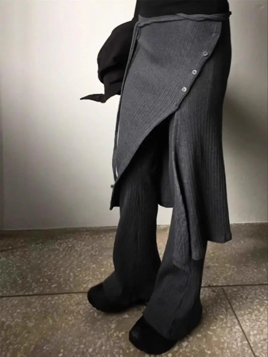 스트리트 스타일 캐주얼 니트 골지 하이웨이스트 롱 팬츠 투피스 세트 하프 길이 스커트 팬츠 앙상블 출퇴근 패션