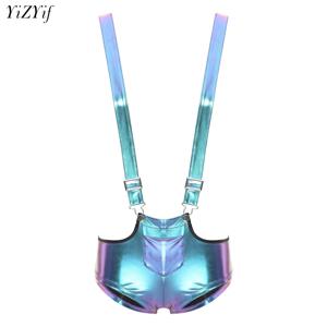 여성 반짝 이는 메탈릭 멜빵 미니 반바지 핫 바지 조절 가능한 멜빵 패션 홀로그램 레이브 파트 의상 클럽 착용