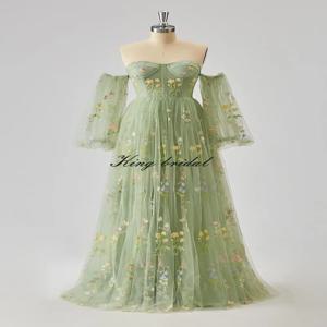 푹신한 슬리브 꽃 자수 Tulle 댄스 파티 드레스 여성을위한 긴 라인 요정 맥시 정장 이브닝 파티 가운 신부 들러리 드레스