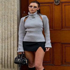 여성을위한 Trendix 니트 탱크 탑 세트 패션 하이 넥 조끼와 긴 소매 목도리 2 피스 정장 섹시한 백리스 니트 탑 Femme