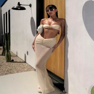 2025 여름 3피스 비키니 세트 스트랩리스 비키니 탑과 하프 롱 스커트 커버업 비치웨어 여성 비키니 수영복 K210