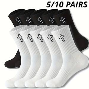 5/10 쌍 남성용 하이 컷 솔리드 스포츠 양말, 통기성 남여 중반 송아지 캐주얼 양말, 블랙/화이트 크로스 커플 양말 올 시즌