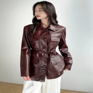 여성을위한 정품 가죽 자켓 봄 가을 하이 엔드 단순 슬림 싱글 브레스트 소프트 오일 왁스 벨트가있는 진짜 양피 코트