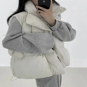 우아한 코튼 조끼 아우터웨어 여성용 가을 겨울 신상 스탠드 칼라 민소매 어깨 패드 따뜻한 루즈핏 코튼 재킷