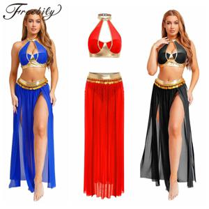 여자 밸리 댄스 의상 인도 Dancewar 아라비안 공주 오리엔탈 댄스 의상 홀터넥 백리스 크롭 탑 + 술 스커트